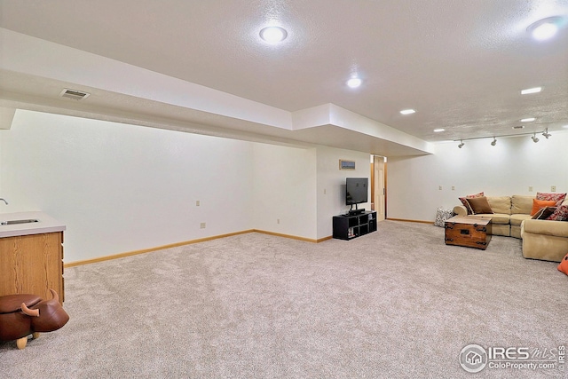 carpeted living room with rail lighting, sink, and a textured ceiling