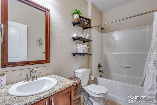 full bathroom with vanity, toilet, and shower / bathtub combination with curtain