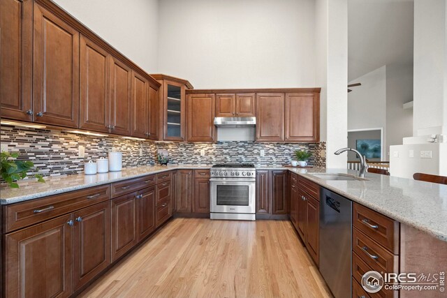 kitchen featuring light wood-type flooring, stainless steel appliances, under cabinet range hood, a sink, and light stone countertops