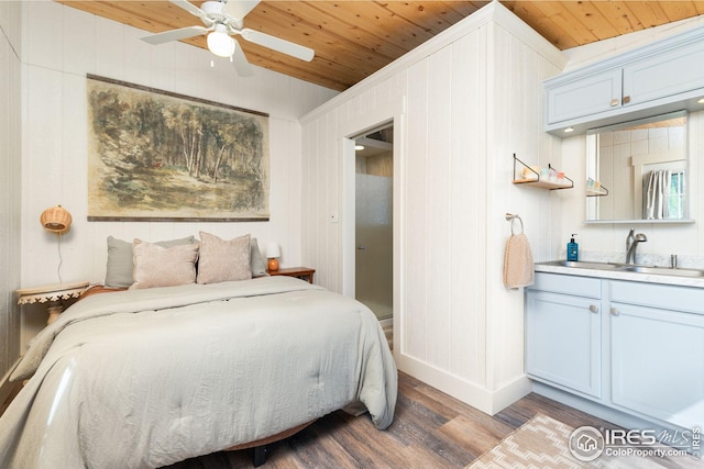 bedroom with wooden ceiling, ceiling fan, a sink, and wood finished floors