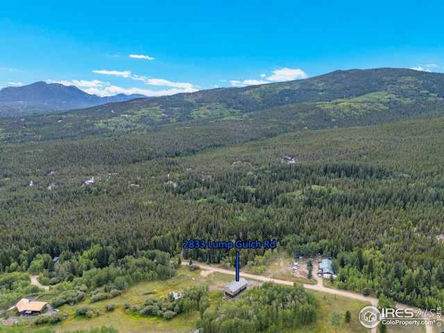 aerial view featuring a forest view and a mountain view