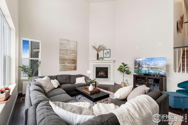 living room with a towering ceiling and dark hardwood / wood-style flooring