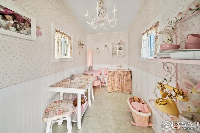 playroom with a chandelier