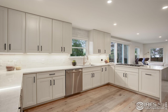 kitchen featuring appliances with stainless steel finishes, light hardwood / wood-style flooring, a wealth of natural light, and sink