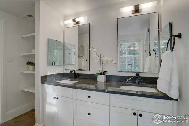 bathroom with vanity and wood-type flooring