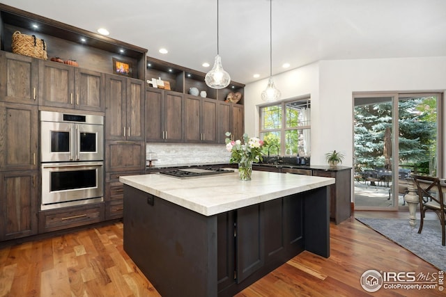 kitchen featuring pendant lighting, a healthy amount of sunlight, light hardwood / wood-style floors, and appliances with stainless steel finishes