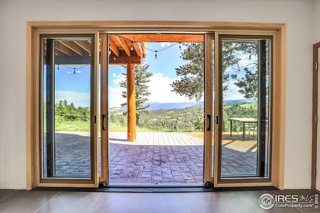 doorway to outside featuring a healthy amount of sunlight and a mountain view