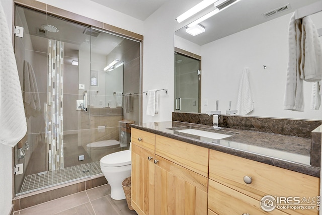full bathroom with vanity, visible vents, a stall shower, tile patterned flooring, and toilet
