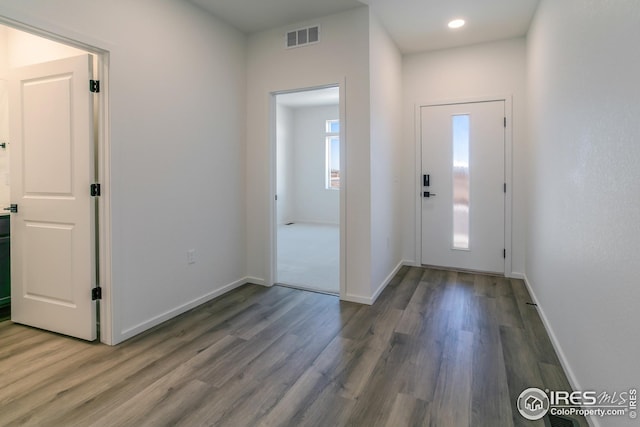 foyer entrance featuring a healthy amount of sunlight and dark hardwood / wood-style floors