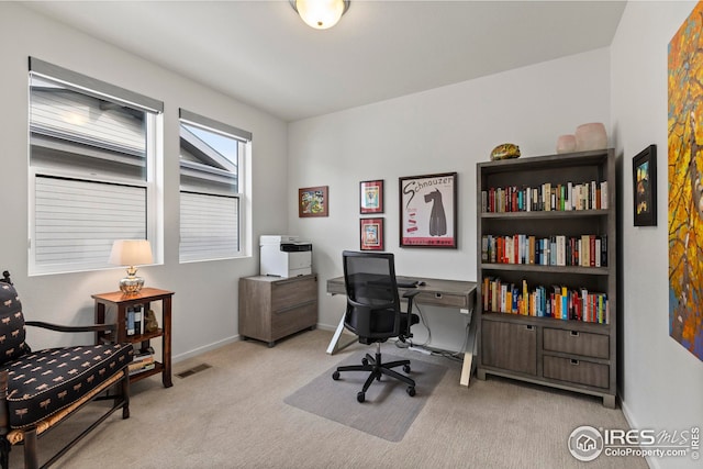 view of carpeted home office