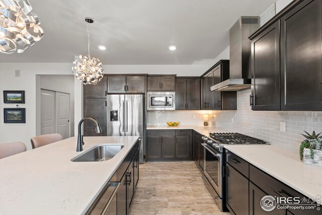 kitchen with dark brown cabinetry, sink, an island with sink, pendant lighting, and high end appliances