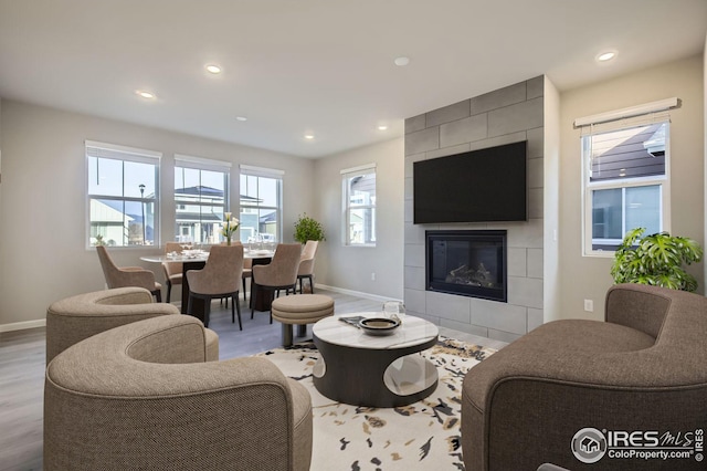 living room featuring light hardwood / wood-style floors and a tile fireplace