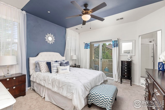 bedroom featuring ceiling fan, light colored carpet, visible vents, access to exterior, and baseboards