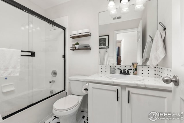 full bath with toilet, shower / bath combination with glass door, vanity, and visible vents