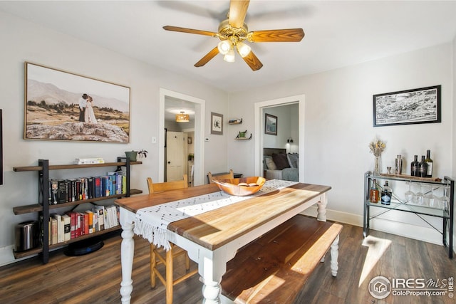 dining space featuring ceiling fan and dark hardwood / wood-style flooring