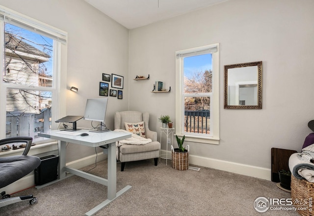 home office with plenty of natural light and carpet floors