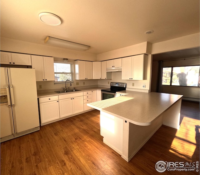 kitchen featuring white cabinetry, kitchen peninsula, electric range, white fridge with ice dispenser, and sink