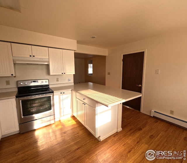 kitchen featuring stainless steel electric stove, white cabinets, and kitchen peninsula