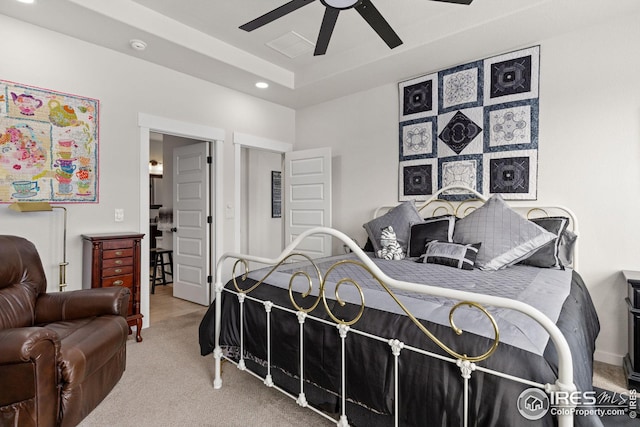 carpeted bedroom featuring ceiling fan