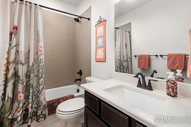 full bathroom featuring vanity, shower / bathtub combination with curtain, and toilet