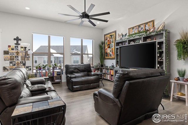 living room with ceiling fan and hardwood / wood-style floors