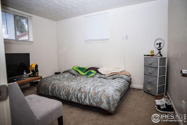 carpeted bedroom with a textured ceiling