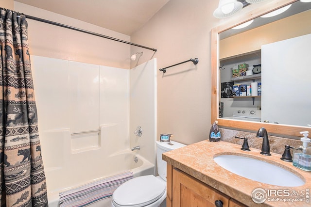 full bathroom with toilet, shower / tub combo, and vanity