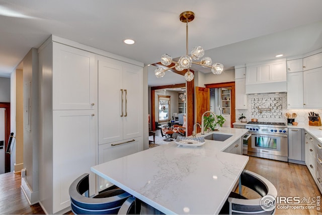 kitchen featuring high end stainless steel range oven, sink, and a kitchen island with sink