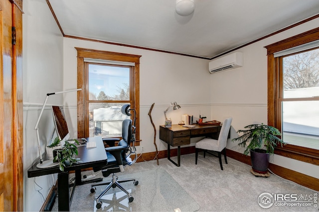 carpeted office space featuring a wall mounted AC, ornamental molding, and plenty of natural light