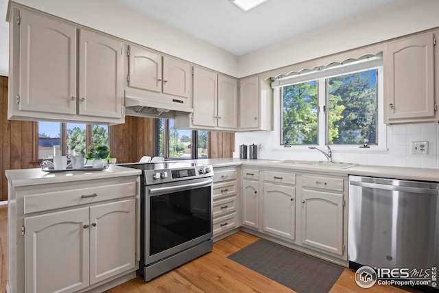 kitchen with kitchen peninsula, sink, backsplash, light wood-type flooring, and stainless steel appliances