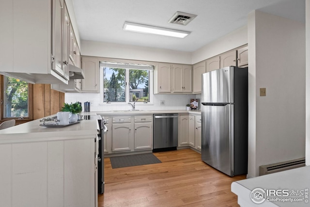 kitchen featuring light hardwood / wood-style floors, decorative backsplash, a baseboard heating unit, and appliances with stainless steel finishes