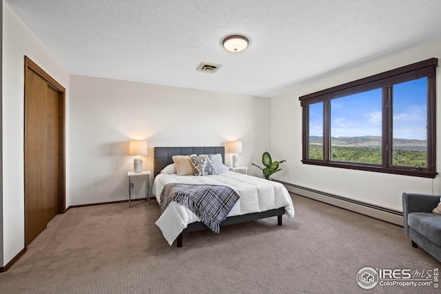 bedroom featuring a textured ceiling, a baseboard radiator, a mountain view, and carpet flooring