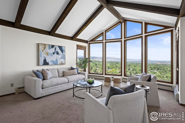 living room with carpet, a baseboard radiator, and lofted ceiling with beams