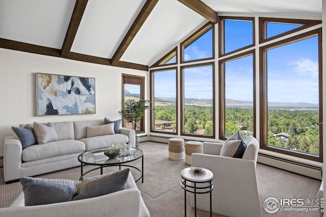 carpeted living room with high vaulted ceiling, a baseboard radiator, beam ceiling, and a mountain view