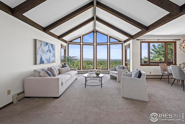 carpeted living room with vaulted ceiling with beams and a baseboard heating unit