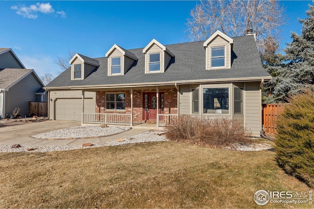 cape cod home featuring a front yard, fence, driveway, covered porch, and a garage