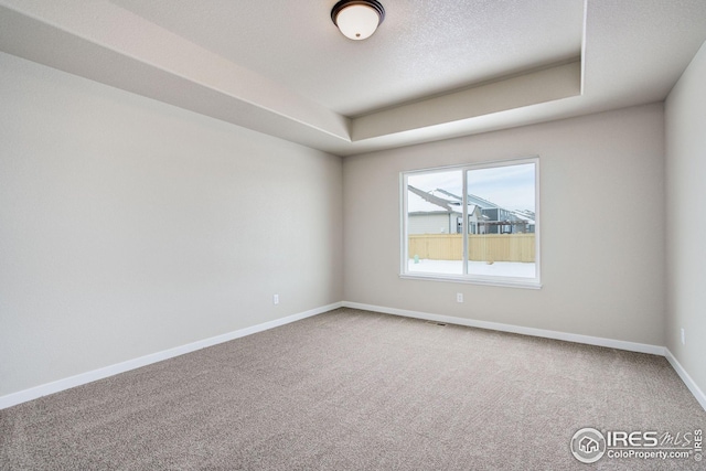 carpeted spare room featuring a textured ceiling and baseboards