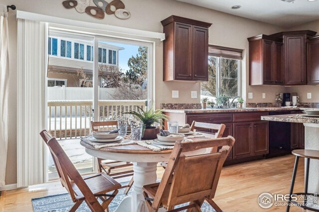 kitchen with light stone counters and light hardwood / wood-style flooring