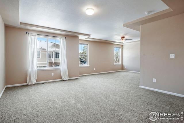 carpeted empty room featuring a raised ceiling and ceiling fan