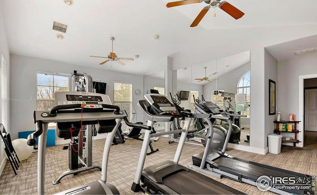 exercise room featuring lofted ceiling, ceiling fan, and carpet flooring