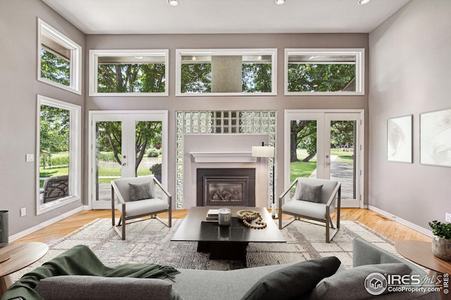 living room with french doors, a towering ceiling, and a wealth of natural light