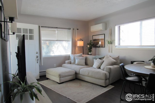 living room featuring a wall mounted air conditioner and a baseboard radiator