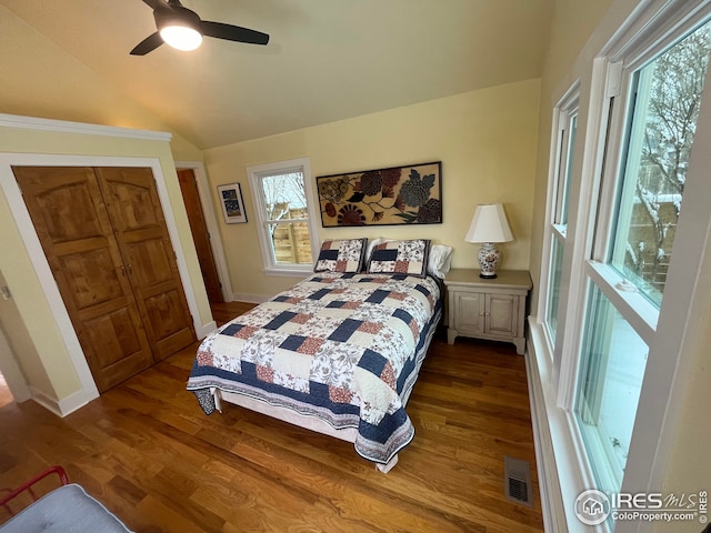 bedroom featuring multiple windows, dark hardwood / wood-style flooring, vaulted ceiling, and ceiling fan