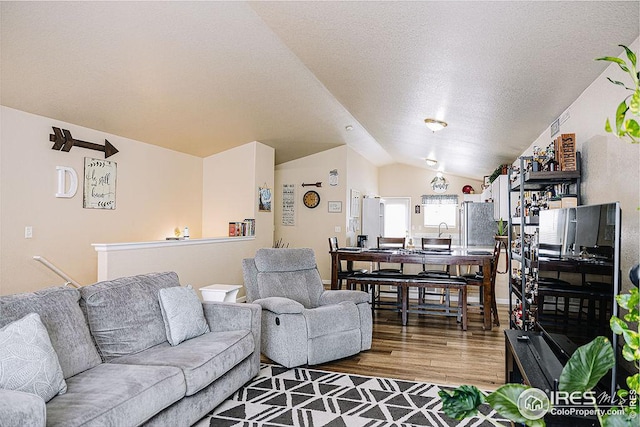 living room with lofted ceiling, hardwood / wood-style flooring, and a textured ceiling