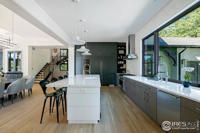 3621 21st St, Boulder, CO 80304 - kitchen with a sink, stainless steel appliances, wall chimney exhaust hood, open shelves, and light wood-style floors