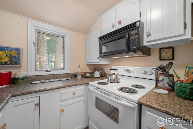 kitchen featuring vaulted ceiling, white cabinets, and white electric range oven