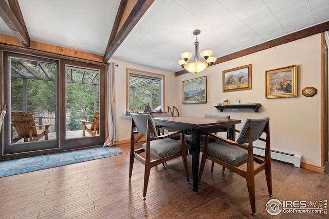 dining space featuring an inviting chandelier, beam ceiling, hardwood / wood-style floors, and a baseboard heating unit