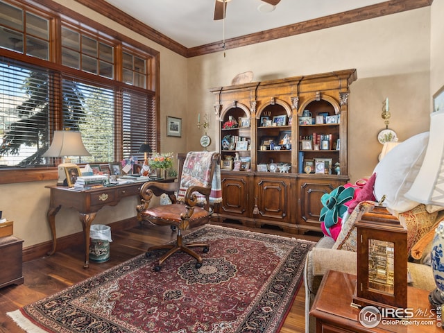 office area with ornamental molding, hardwood / wood-style floors, and ceiling fan