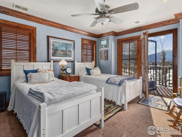 bedroom with ceiling fan, ornamental molding, and access to outside