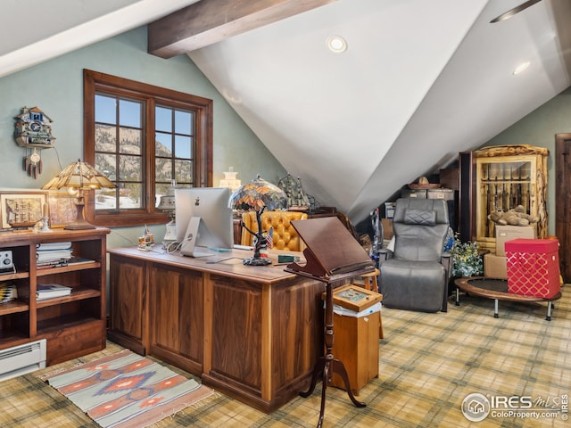 home office featuring a baseboard radiator and vaulted ceiling with beams